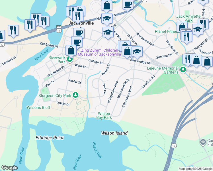map of restaurants, bars, coffee shops, grocery stores, and more near 114 Jean Circle in Jacksonville