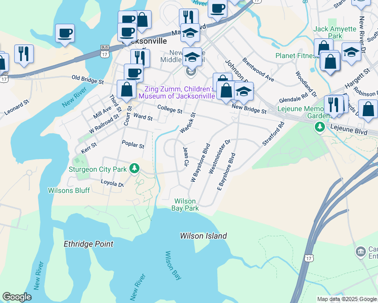 map of restaurants, bars, coffee shops, grocery stores, and more near 114 Jean Circle in Jacksonville