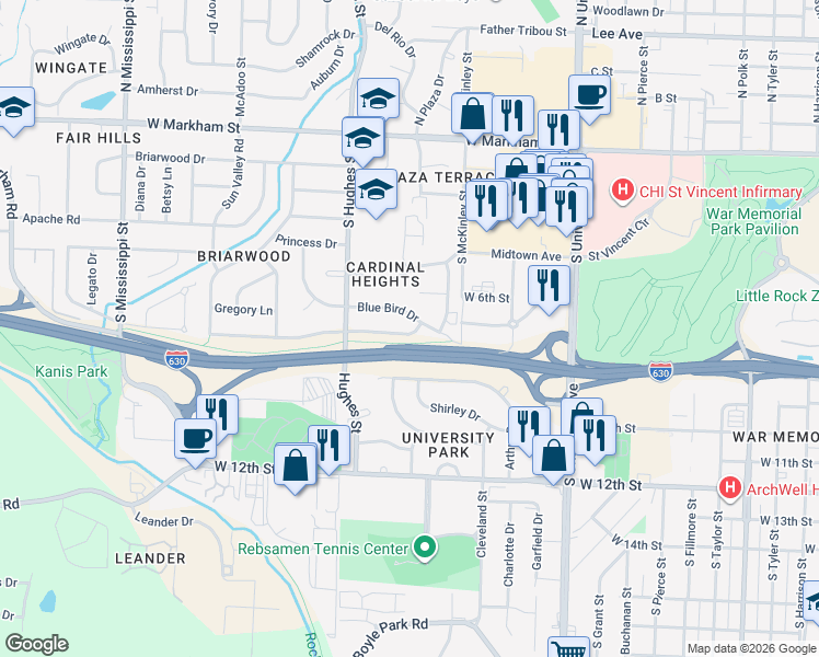 map of restaurants, bars, coffee shops, grocery stores, and more near 6506 Marguerite Lane in Little Rock