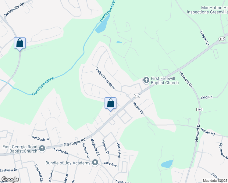 map of restaurants, bars, coffee shops, grocery stores, and more near 307 Bridge Crossing Drive in Simpsonville