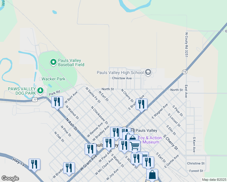 map of restaurants, bars, coffee shops, grocery stores, and more near 499 North Pecan Street in Pauls Valley
