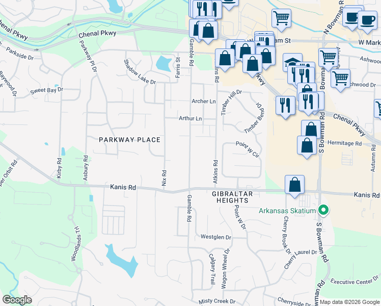 map of restaurants, bars, coffee shops, grocery stores, and more near 1007 Gamble Road in Little Rock
