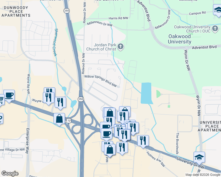 map of restaurants, bars, coffee shops, grocery stores, and more near 1033 Sandy Springs Road Northwest in Huntsville