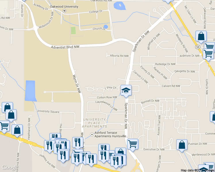 map of restaurants, bars, coffee shops, grocery stores, and more near 5001 7 Pine Circle in Huntsville
