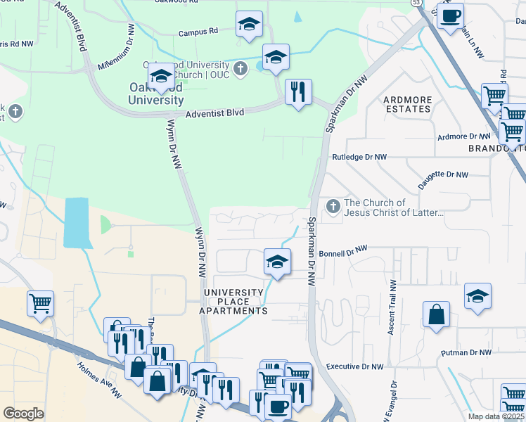 map of restaurants, bars, coffee shops, grocery stores, and more near 5001 7 Pine Circle in Huntsville