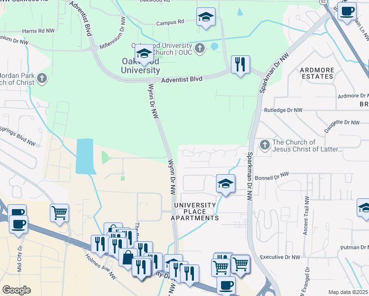 map of restaurants, bars, coffee shops, grocery stores, and more near 5135 7 Pine Circle in Huntsville