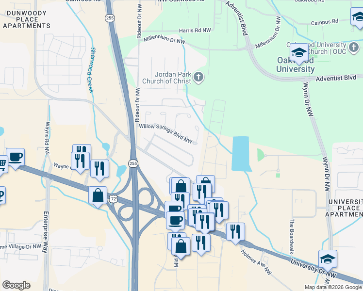 map of restaurants, bars, coffee shops, grocery stores, and more near 1033 Sandy Springs Road Northwest in Huntsville
