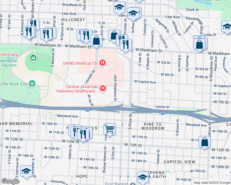 map of restaurants, bars, coffee shops, grocery stores, and more near 613 Jack Stephens Drive in Little Rock