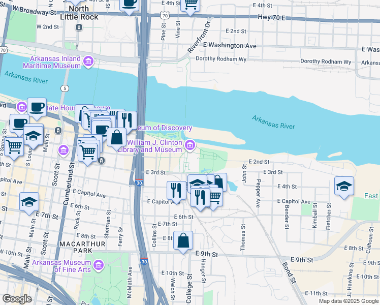 map of restaurants, bars, coffee shops, grocery stores, and more near 1200 President Clinton Avenue in Little Rock