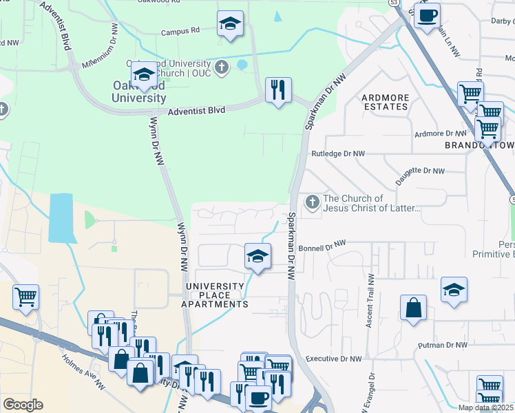 map of restaurants, bars, coffee shops, grocery stores, and more near 5001 7 Pine Circle in Huntsville