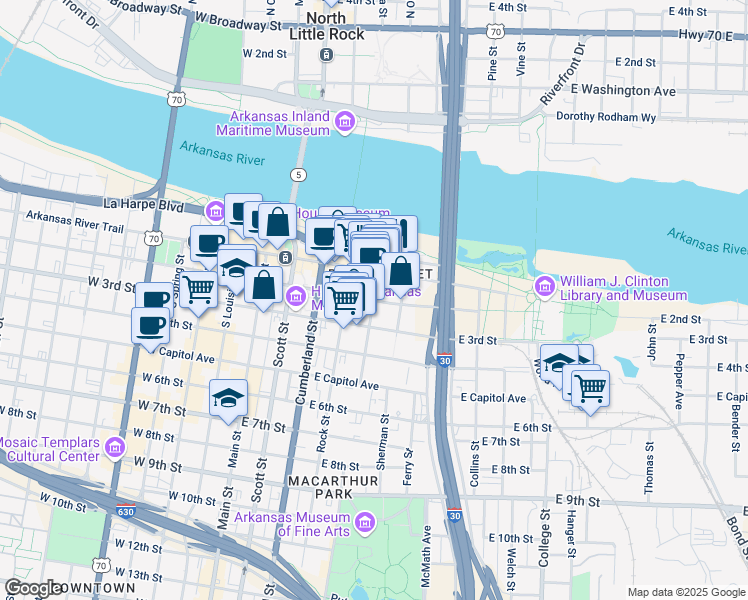 map of restaurants, bars, coffee shops, grocery stores, and more near 200 River Market Avenue in Little Rock