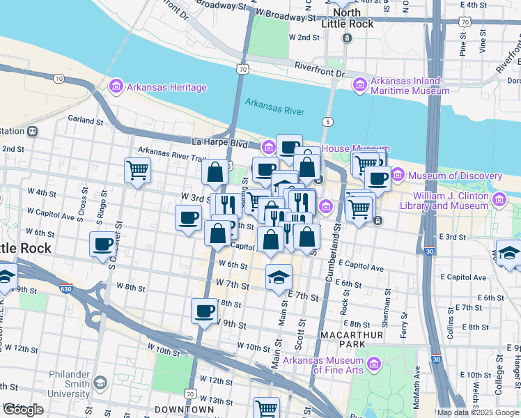 map of restaurants, bars, coffee shops, grocery stores, and more near 300 West 3rd Street in Little Rock
