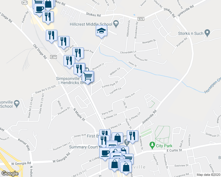 map of restaurants, bars, coffee shops, grocery stores, and more near 208 Forest Park Drive in Simpsonville