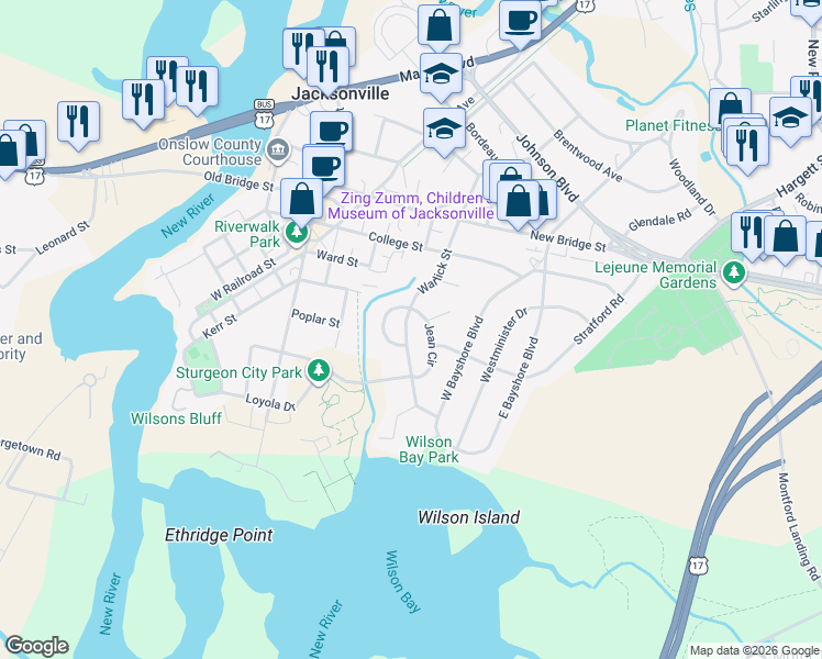 map of restaurants, bars, coffee shops, grocery stores, and more near 24 Warlick Street in Jacksonville