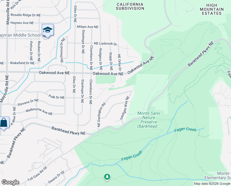 map of restaurants, bars, coffee shops, grocery stores, and more near 128 Darlington Road Northeast in Huntsville