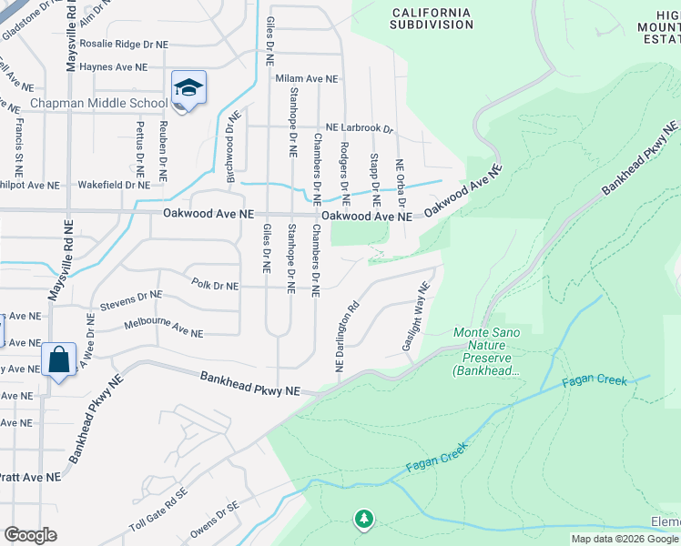 map of restaurants, bars, coffee shops, grocery stores, and more near 2404 Polk Circle Northeast in Huntsville
