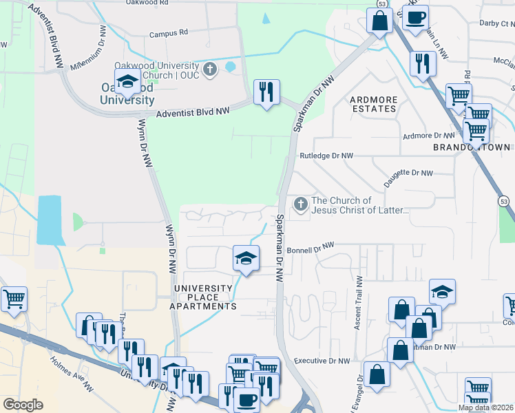 map of restaurants, bars, coffee shops, grocery stores, and more near 4933 7 Pine Circle in Huntsville