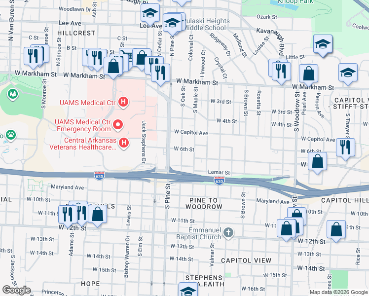 map of restaurants, bars, coffee shops, grocery stores, and more near 610 South Maple Street in Little Rock