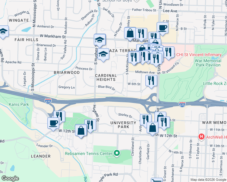 map of restaurants, bars, coffee shops, grocery stores, and more near 6506 Marguerite Lane in Little Rock