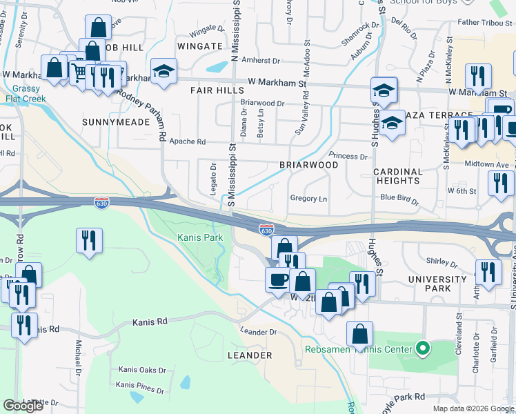 map of restaurants, bars, coffee shops, grocery stores, and more near 7424 Ouachita Drive in Little Rock