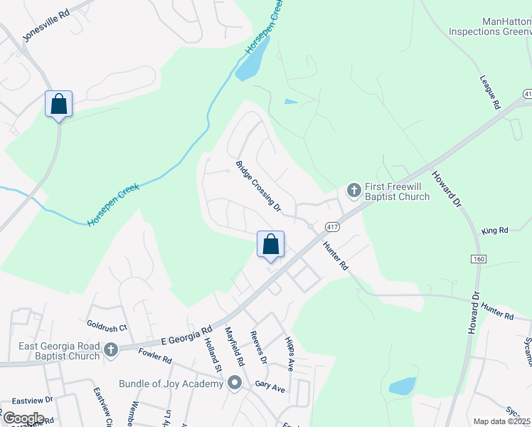map of restaurants, bars, coffee shops, grocery stores, and more near 307 Bridge Crossing Drive in Simpsonville