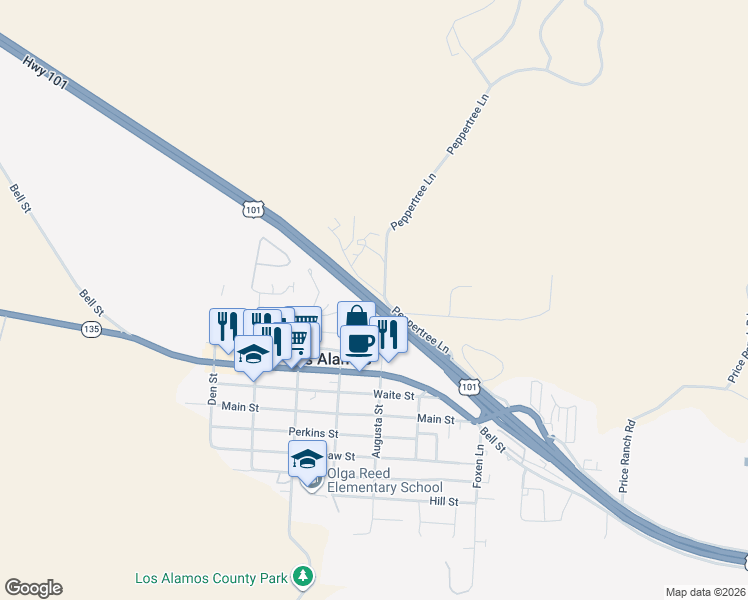 map of restaurants, bars, coffee shops, grocery stores, and more near U.S. 101 in Los Alamos
