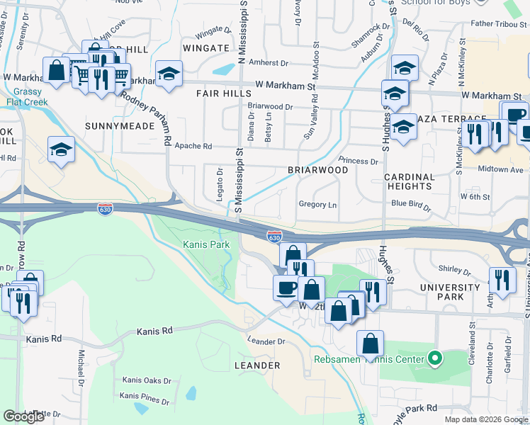 map of restaurants, bars, coffee shops, grocery stores, and more near 7424 Ouachita Drive in Little Rock