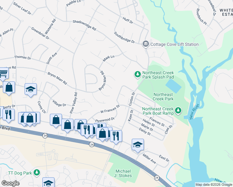 map of restaurants, bars, coffee shops, grocery stores, and more near 114 Pine Crest Drive in Jacksonville