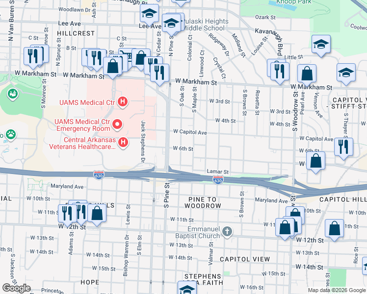 map of restaurants, bars, coffee shops, grocery stores, and more near 610 South Maple Street in Little Rock