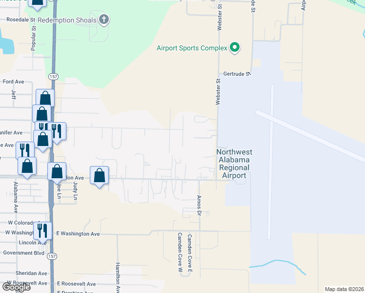 map of restaurants, bars, coffee shops, grocery stores, and more near 198 A C Curry Street in Muscle Shoals