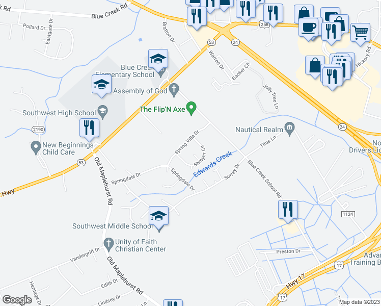 map of restaurants, bars, coffee shops, grocery stores, and more near 1032 Spring Villa Drive in Jacksonville
