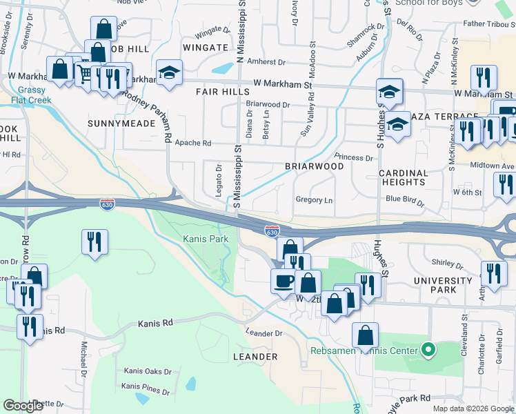 map of restaurants, bars, coffee shops, grocery stores, and more near 7424 Ouachita Drive in Little Rock