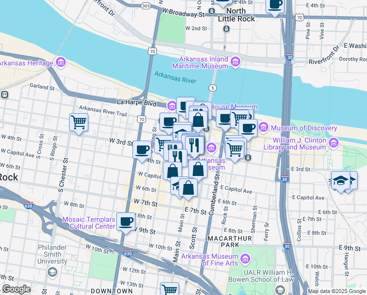 map of restaurants, bars, coffee shops, grocery stores, and more near 112 West 3rd Street in Little Rock