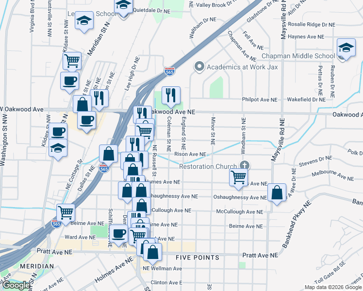 map of restaurants, bars, coffee shops, grocery stores, and more near 1100 Rison Avenue Northeast in Huntsville