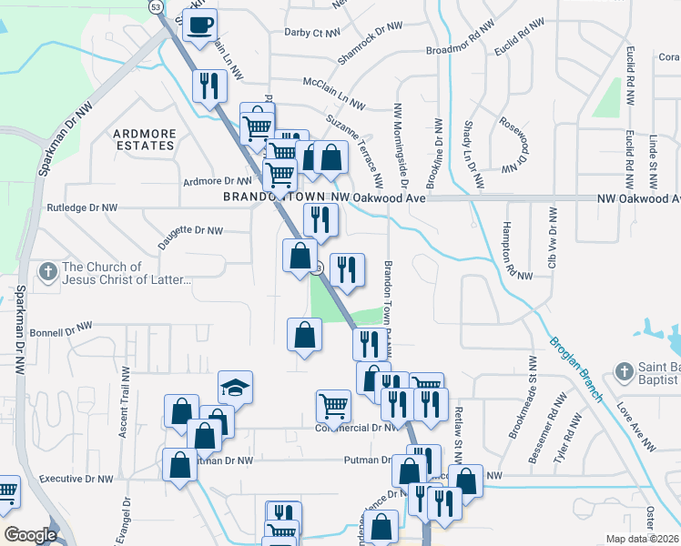 map of restaurants, bars, coffee shops, grocery stores, and more near 1800 Jordan Lane Northwest in Huntsville