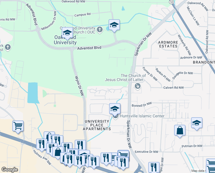 map of restaurants, bars, coffee shops, grocery stores, and more near 5001 7 Pine Circle in Huntsville