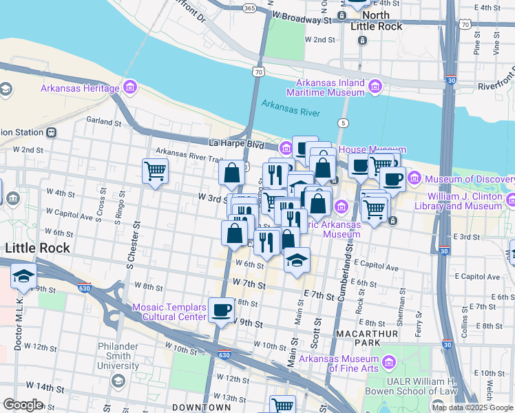 map of restaurants, bars, coffee shops, grocery stores, and more near 320w West 4th Street in Little Rock