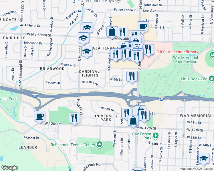 map of restaurants, bars, coffee shops, grocery stores, and more near 6400 Blue Bird Drive in Little Rock