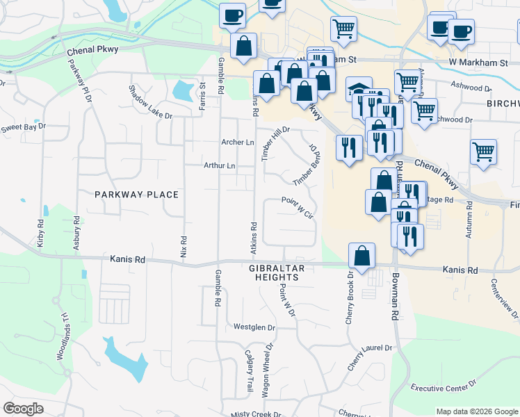 map of restaurants, bars, coffee shops, grocery stores, and more near 17 Oak Point Court in Little Rock