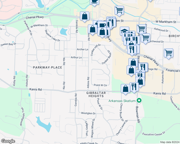 map of restaurants, bars, coffee shops, grocery stores, and more near 17 Oak Point Court in Little Rock