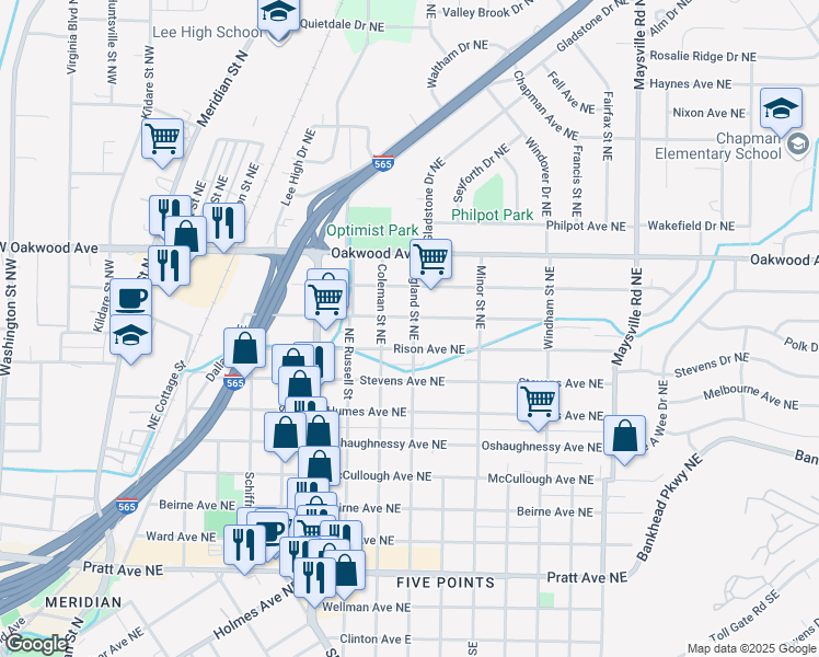 map of restaurants, bars, coffee shops, grocery stores, and more near 1100 Rison Avenue Northeast in Huntsville