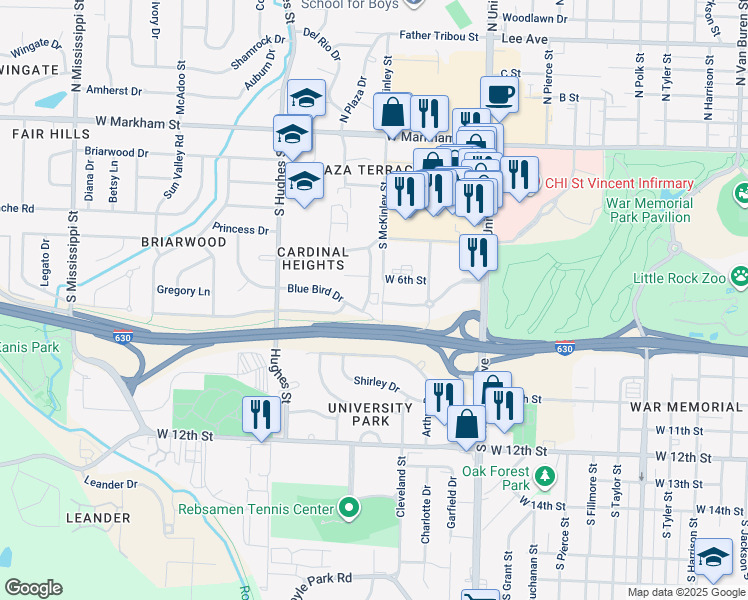 map of restaurants, bars, coffee shops, grocery stores, and more near 615 Chickadee Drive in Little Rock