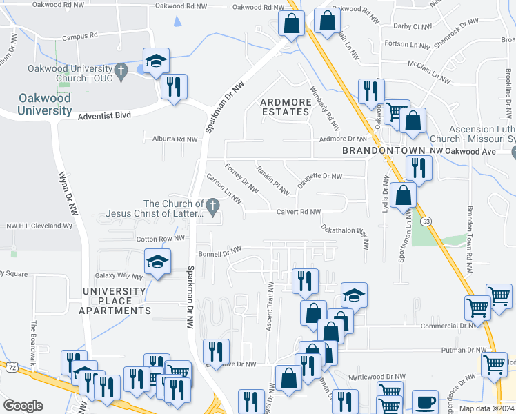 map of restaurants, bars, coffee shops, grocery stores, and more near 4802 Calvert Road Northwest in Huntsville
