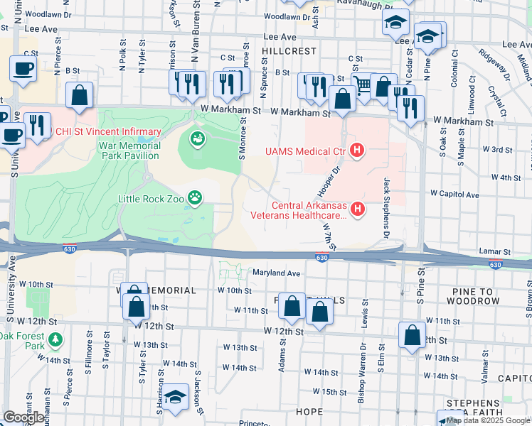 map of restaurants, bars, coffee shops, grocery stores, and more near Palm Street in Little Rock