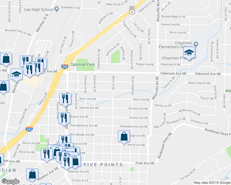 map of restaurants, bars, coffee shops, grocery stores, and more near 1323 Rison Avenue Northeast in Huntsville