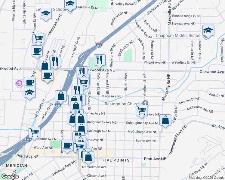 map of restaurants, bars, coffee shops, grocery stores, and more near 1100 Rison Avenue Northeast in Huntsville