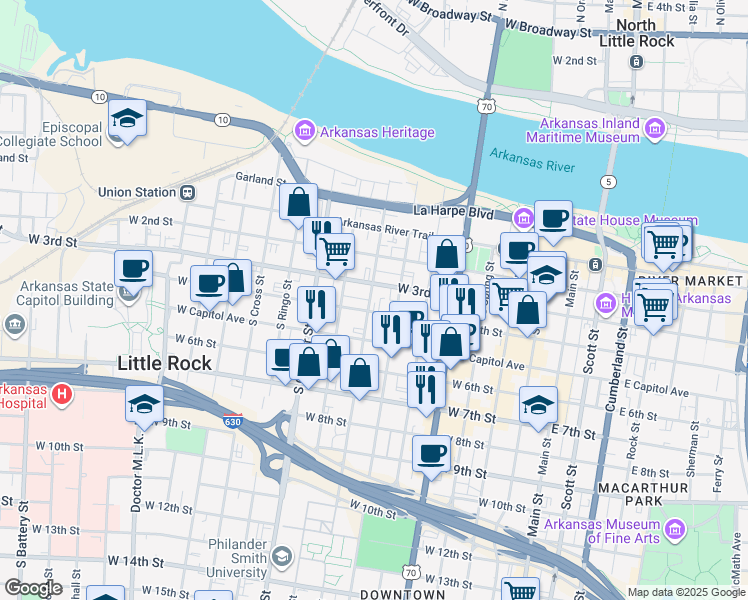 map of restaurants, bars, coffee shops, grocery stores, and more near 701 West 4th Street in Little Rock