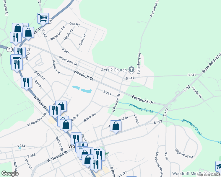 map of restaurants, bars, coffee shops, grocery stores, and more near 219 South 719 in Woodruff