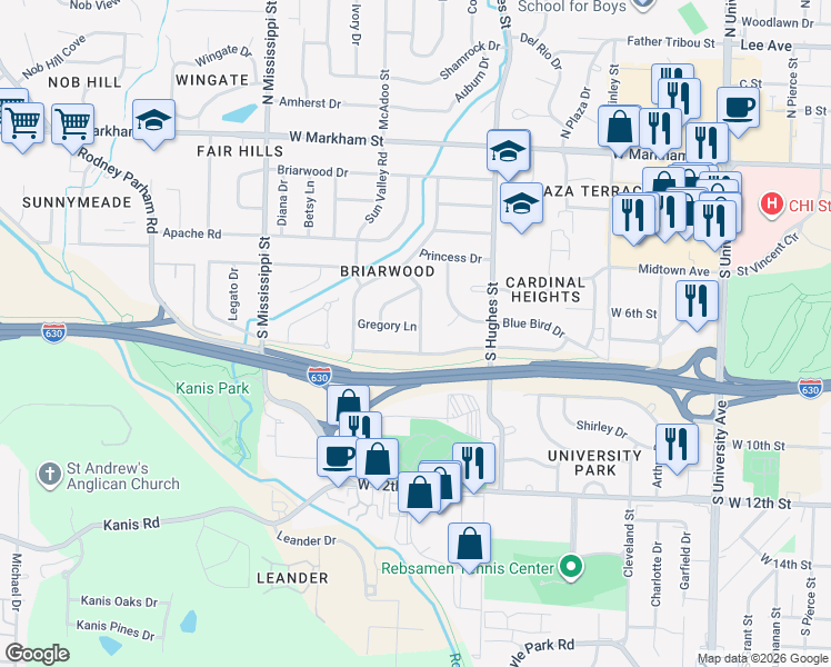 map of restaurants, bars, coffee shops, grocery stores, and more near 7104 Marguerite Lane in Little Rock