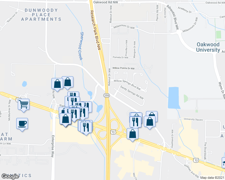 map of restaurants, bars, coffee shops, grocery stores, and more near 1103 Sandy Springs Road Northwest in Huntsville